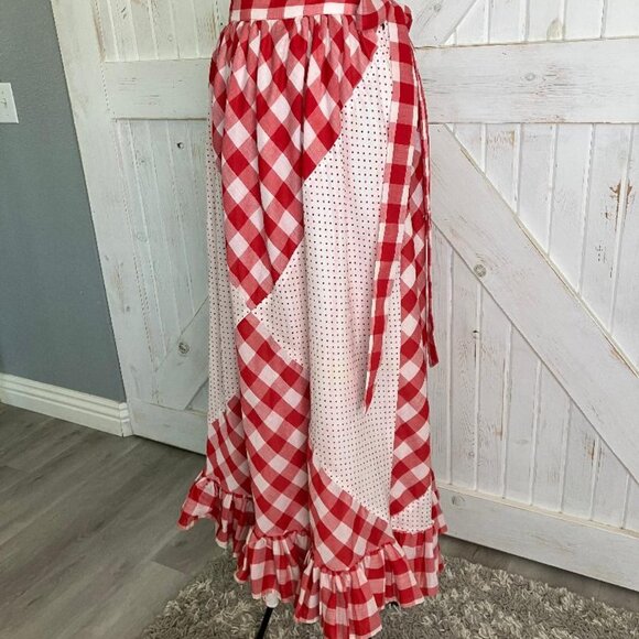 60's Vintage Ellen Tracy Red White Gingham Check Polka Dot Prairie Maxi Skirt - Picture 6 of 7